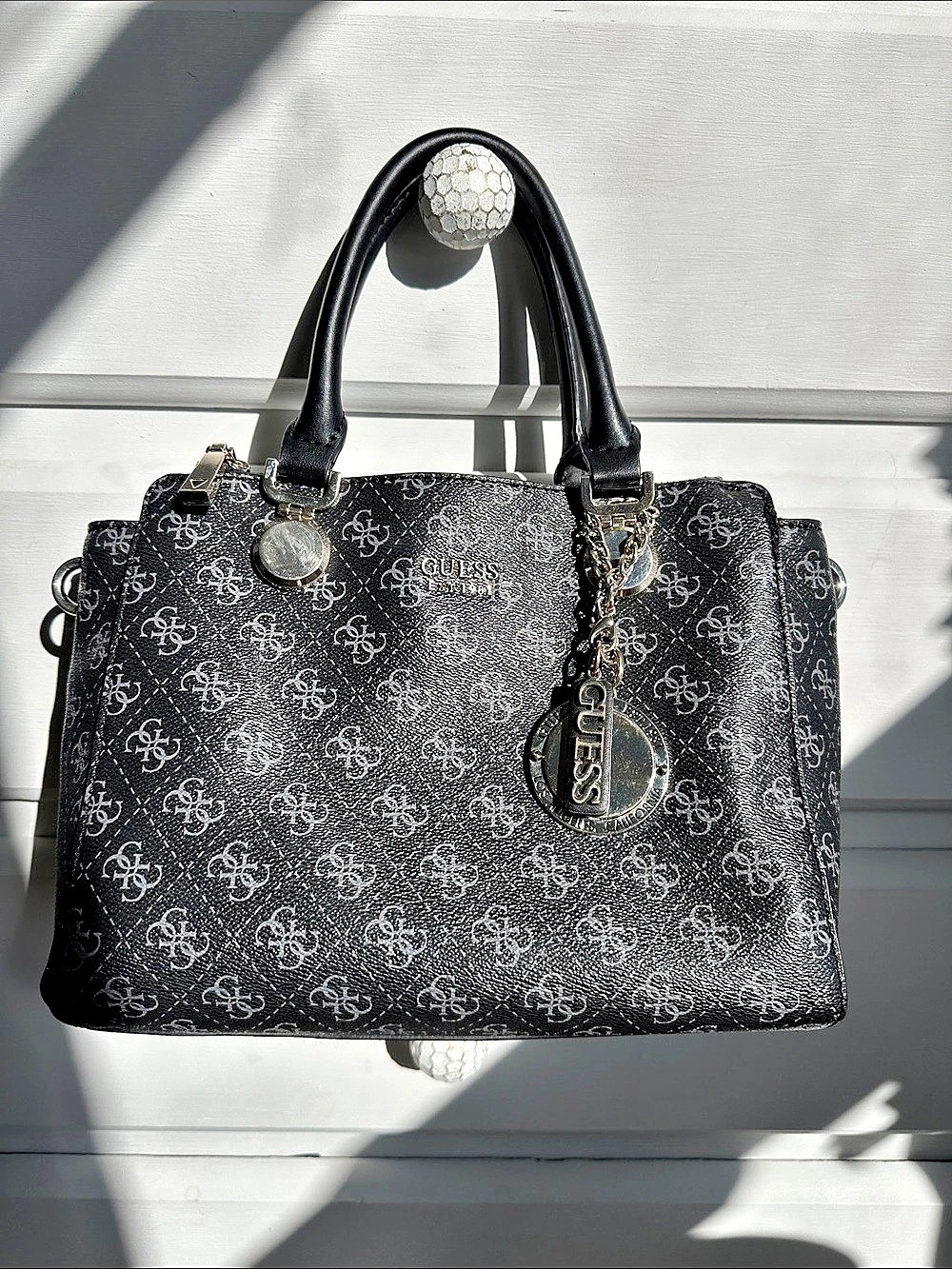 Authentic GUESS Aline Status Satchel grey/black Quattro G monogam print